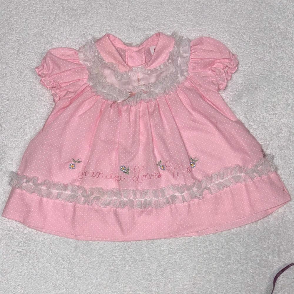 Cradle togs vintage Pink Ruffled lace Baby Dress Grandma loves me 3m